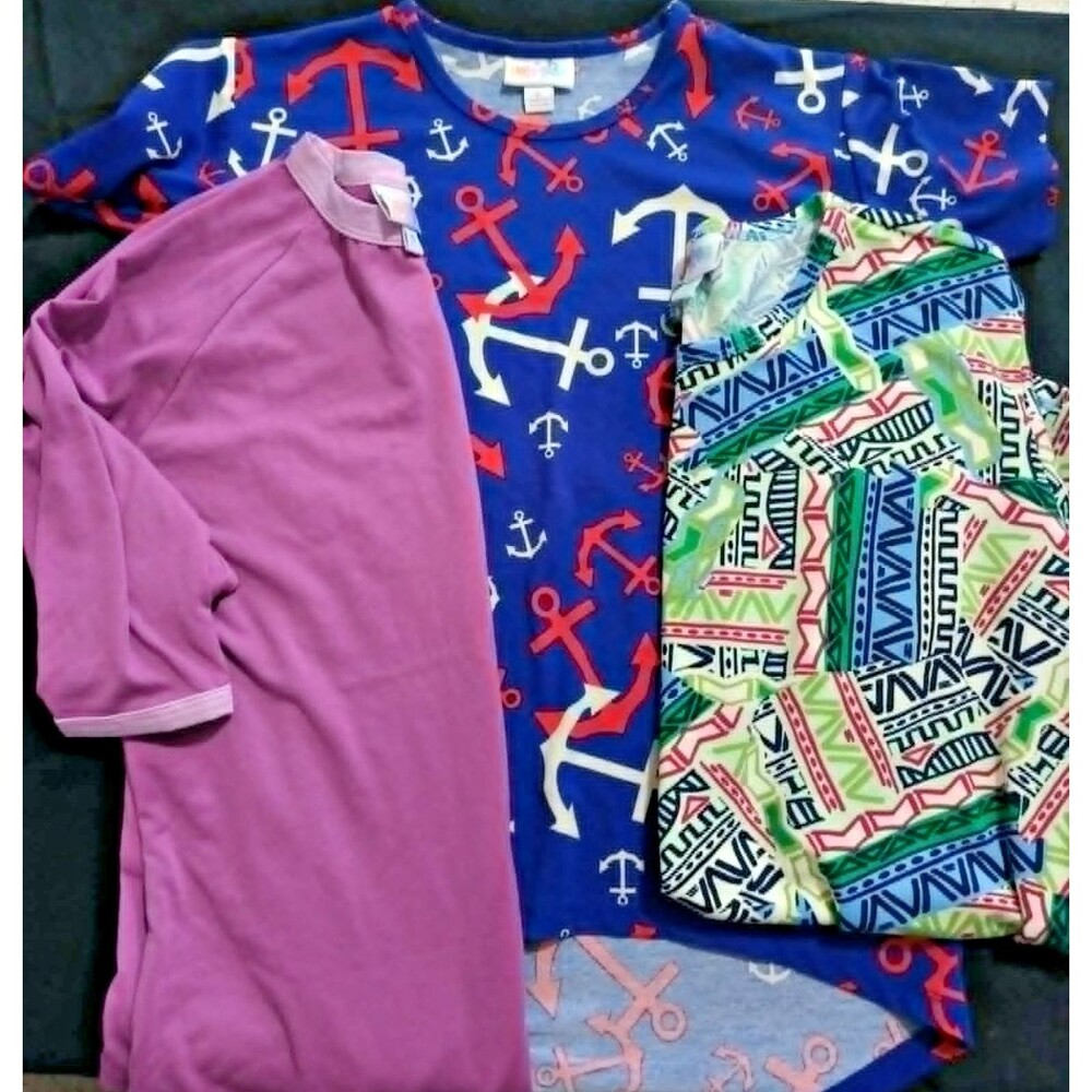 LuLaRoe Kids Shirt Lot of 3 Sizes 8 10 14 Anchor Geometric Purple EUC